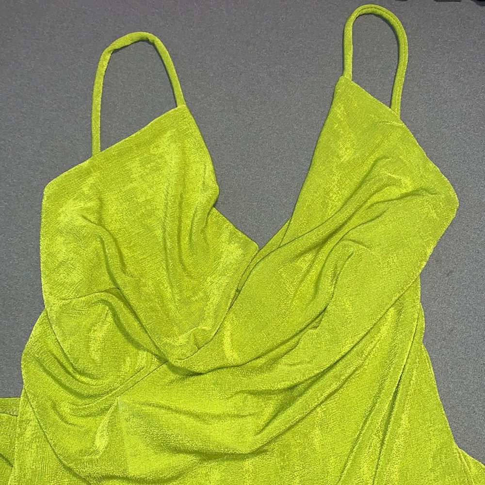 Backless lime green short dress drapes in the front